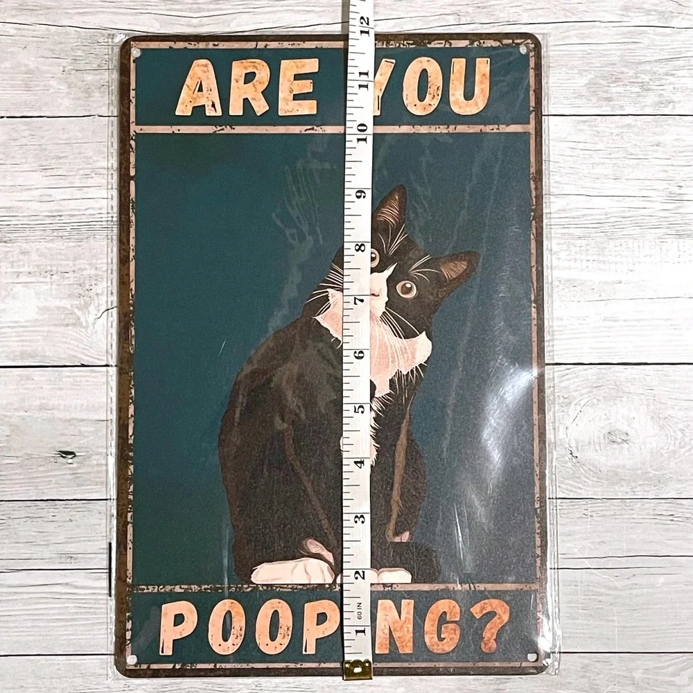 Are You Pooping Tuxedo Cat Metal Tin Sign Funny Bathroom Wall Decor 8x12 Retro